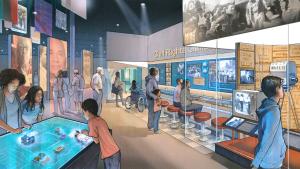 Colorful drawing of museum guests in gallery featuring replica Civil Right era lunch counter next to original lunch counter behind glass display on exhibition