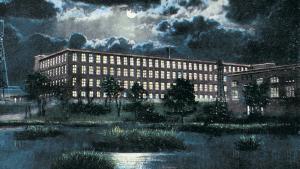 Illustration of large rectangular brick building at night with four floors and windows stretching end to end. The Columbia Canal is visible in the foreground of the illustration.