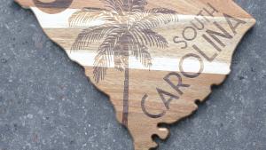 Wooden Cutting Board in the Shape of SC with Branded Palmetto and Crescent with the Words South Carolina Along the Side