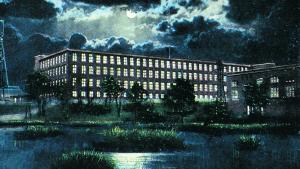 Colorful illustration of a large rectangular four story building with large windows and the Columbia Canal in the foreground
