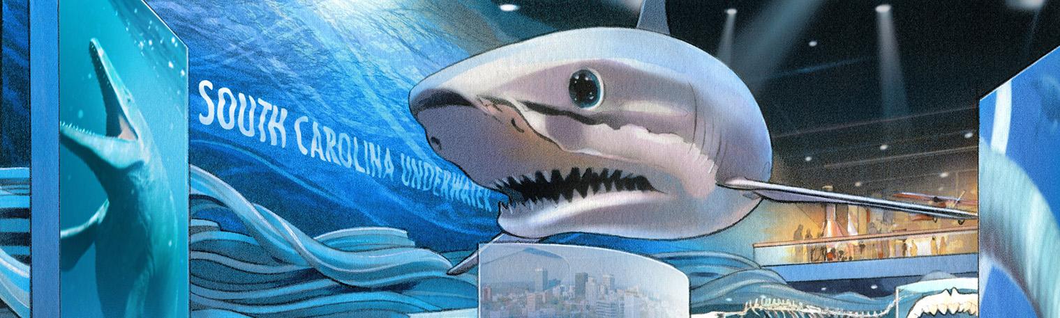Colorful drawing shows large shark hanging from ceiling and new underwater themed exhibition display