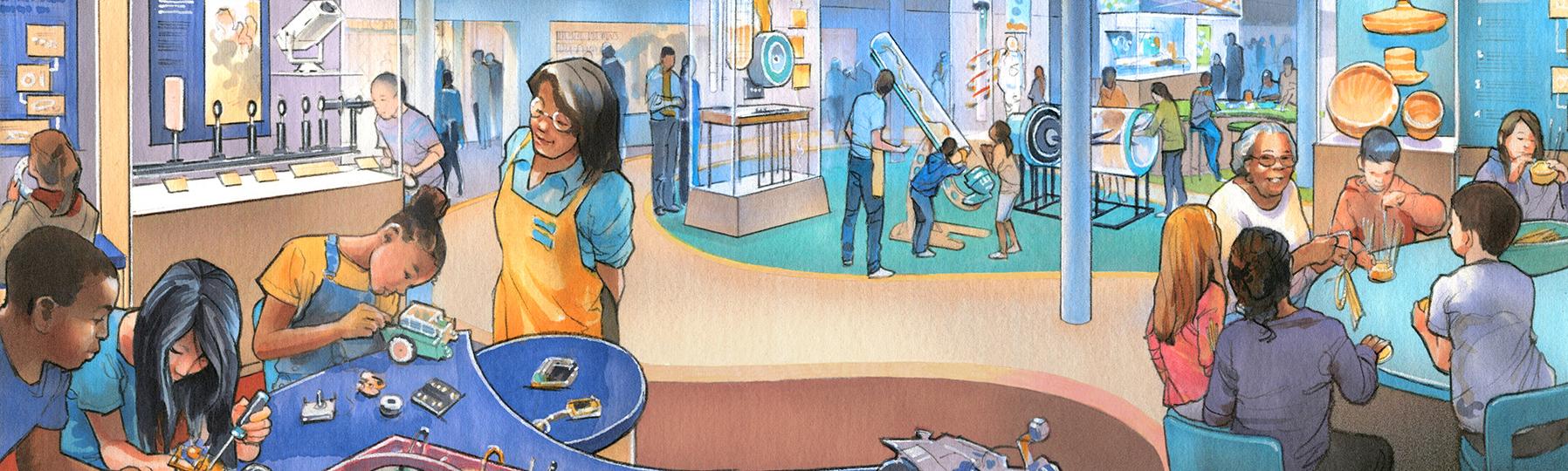 Colorful drawing depicts kids participating in hands-on experiments in the proposed Innovation Lab space