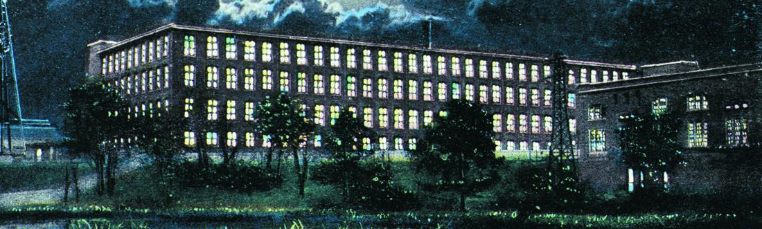 Colorful illustration of a large rectangular four story building with large windows and the Columbia Canal in the foreground