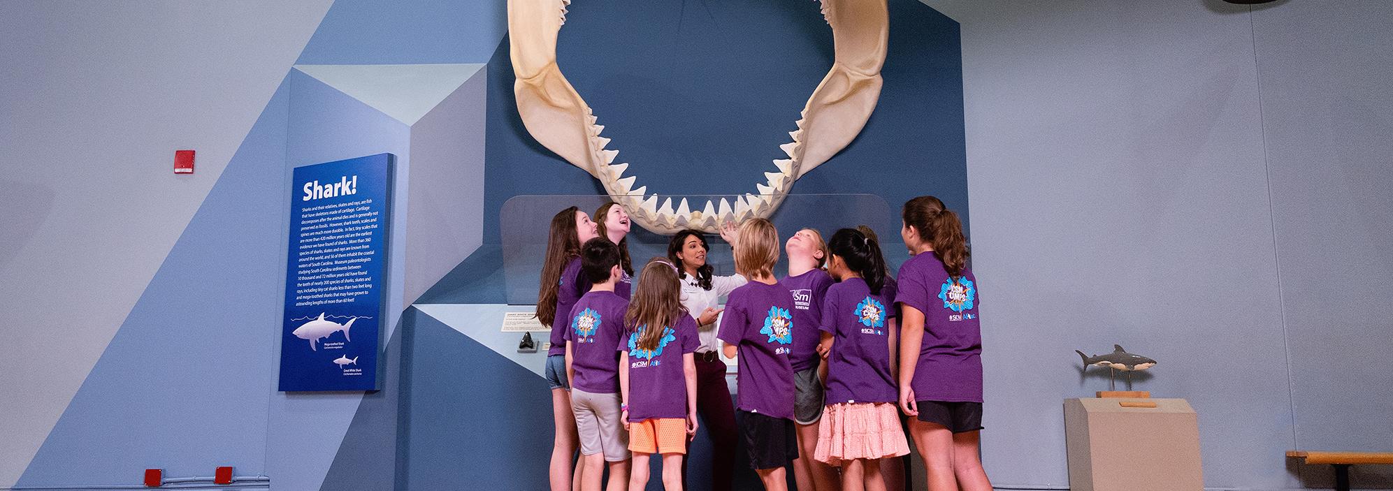 Group of students in purple shirts stand with adult educator with giant shark jaw mounted on wall behind them.