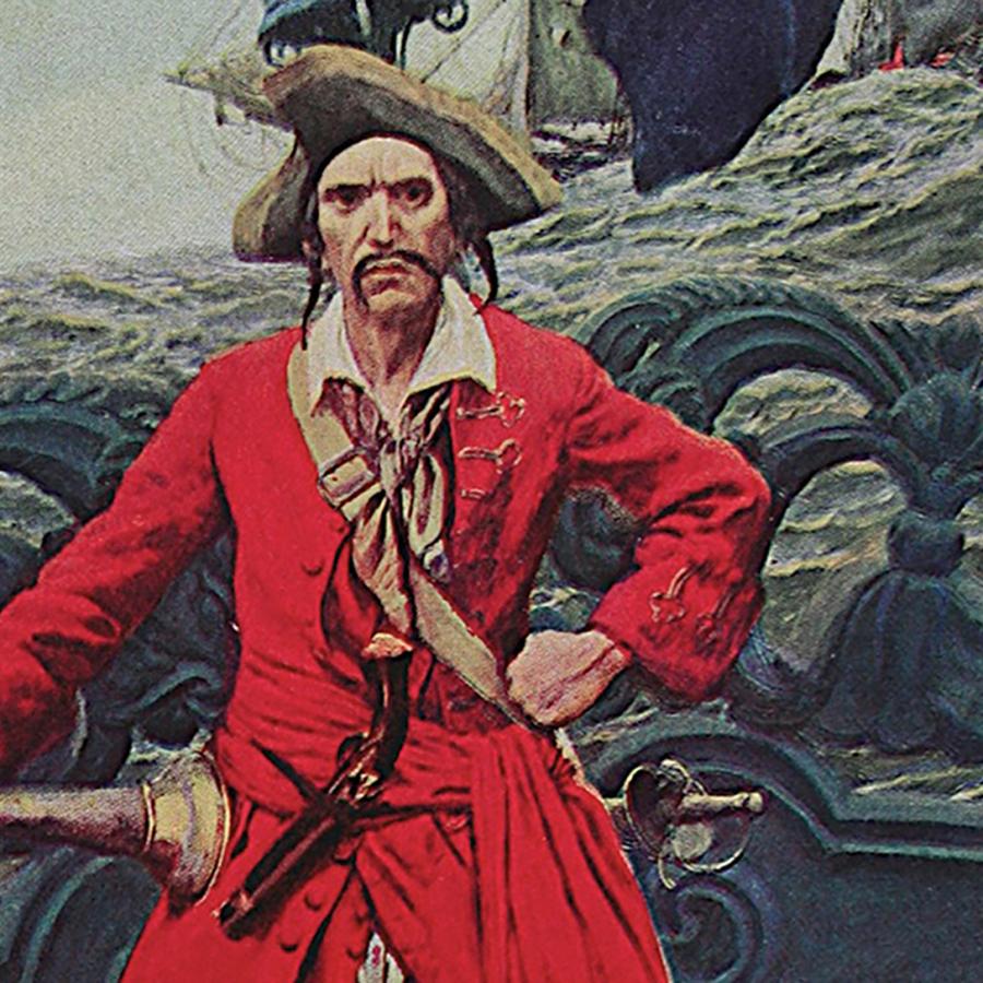 Illustration of pirate in a red coat and tricorn hat with a ship's railing and the sea behind him