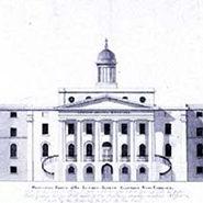 Black and white drawing of a building with three floor and a center section with four floors topped with a cupola