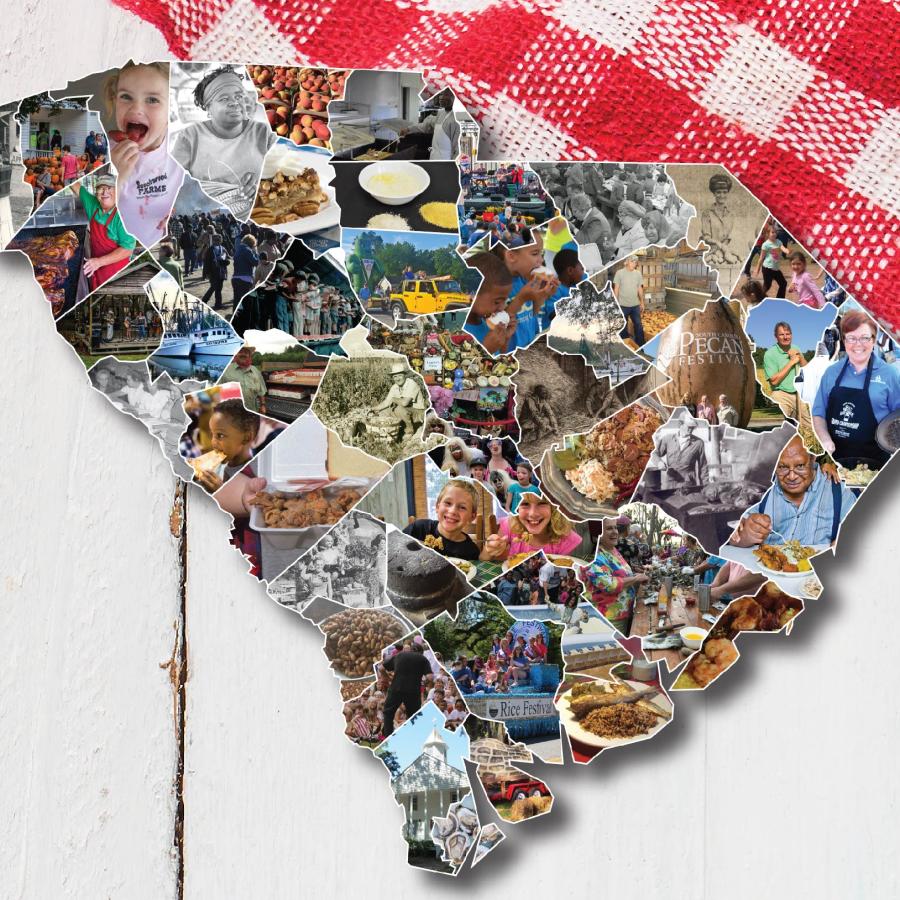 Logo reads The Food We Celebrate with outline of the state of SC made of a photo collage