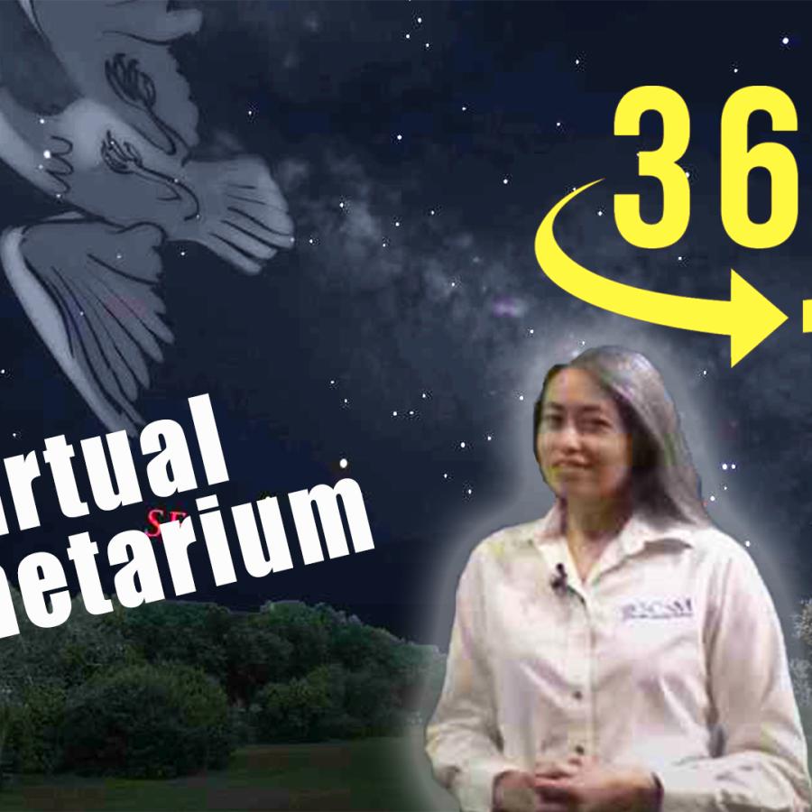 Woman standing in front of a backdrop of the night sky. Words Virtual Planetarium, 360 and 4K are shown.