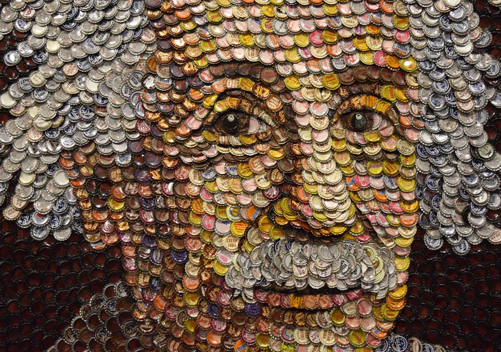 Mosaic portrait of Albert Einstein made of bottle caps by South Carolina artist Molly Sims