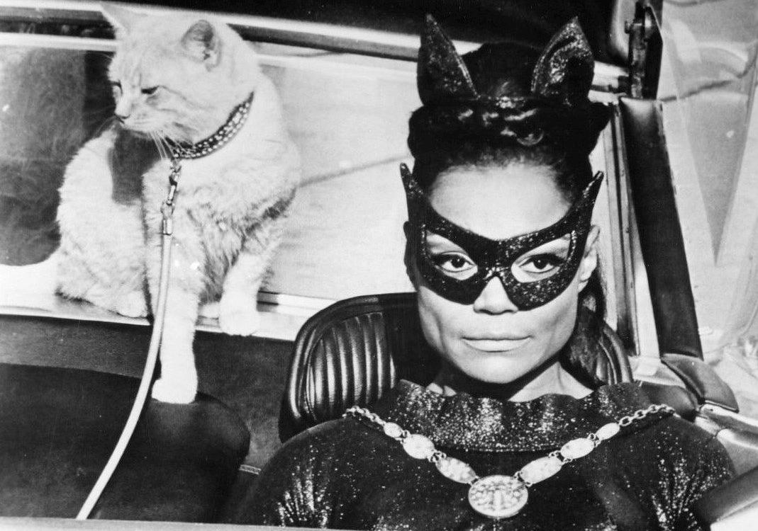 Eartha Kitt in Catwomen costume driving a car with a white cat behind her