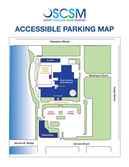 Map indicating that accessible parking is located on the lower deck of the parking deck at the State Museum